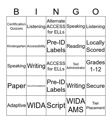 ACCESS for ELLs Paper Bingo Card