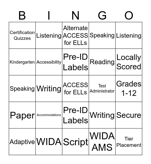 ACCESS for ELLs Paper Bingo Card