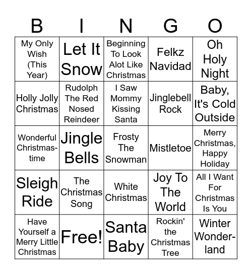 Christmas Song Bingo Card