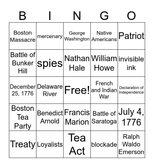 American Revolution Bingo Card