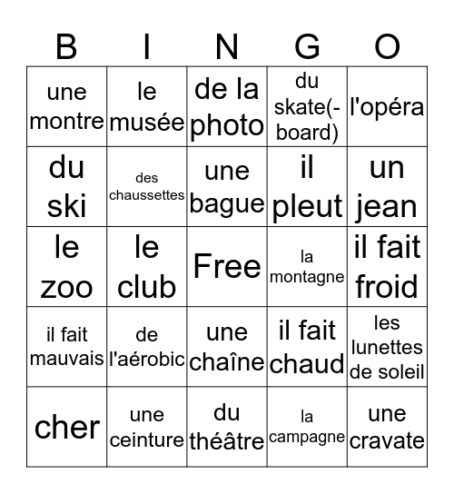 French Bingo Card