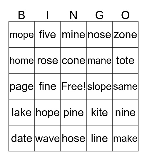 Long Vowel Bingo Card