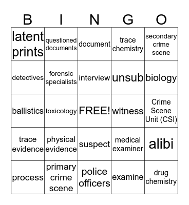 Forensics Vocabulary Bingo Card