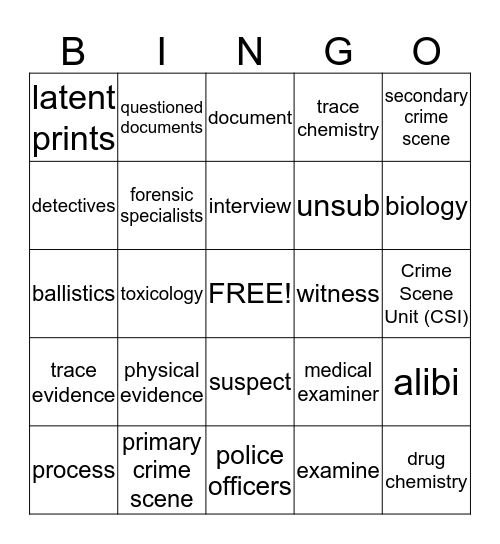 Forensics Vocabulary Bingo Card