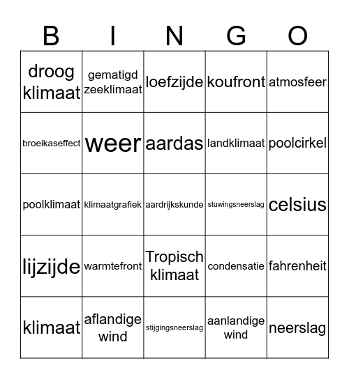Begrippen bingo weer en klimaat Bingo Card