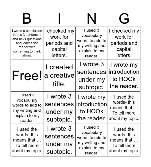 Writing Bingo Card