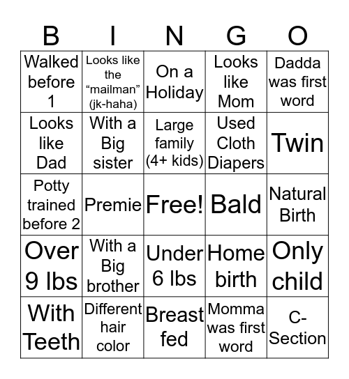 Baby Born Bingo Card