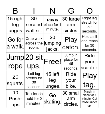 Winter Break Fitness Bingo Card