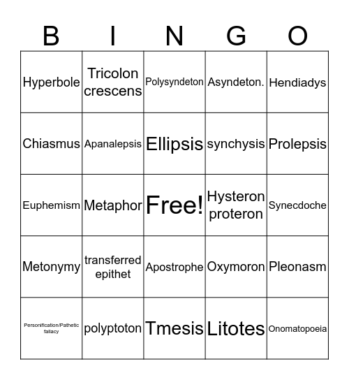 Poetic/Rhetorical  Devices Bingo Card