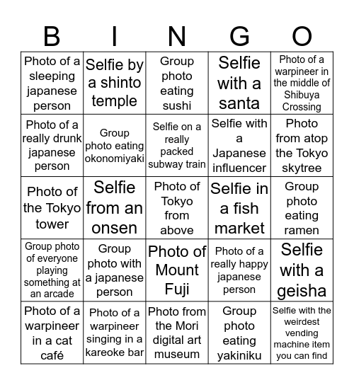 Warpin photo bingo challenge Bingo Card