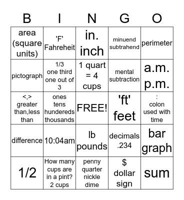 Math Vocabulary Bingo Card