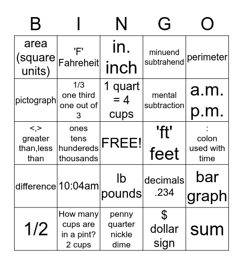 Math Vocabulary Bingo Card