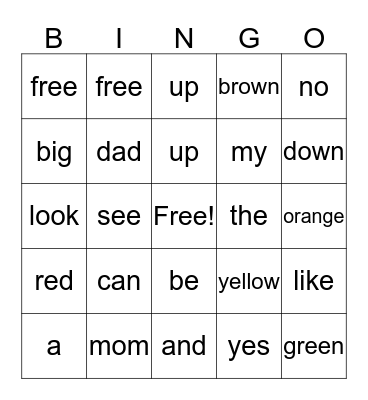 preschool sight words Bingo Card
