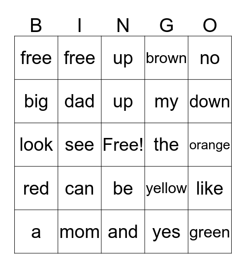 preschool sight words Bingo Card