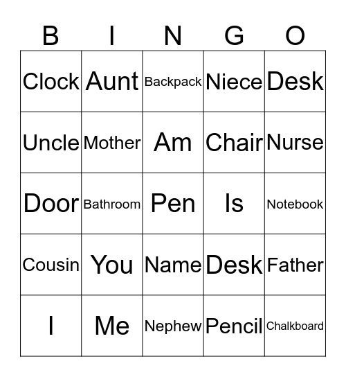 Vocabulary Bingo Card