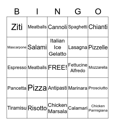 Italian Food  Bingo Card