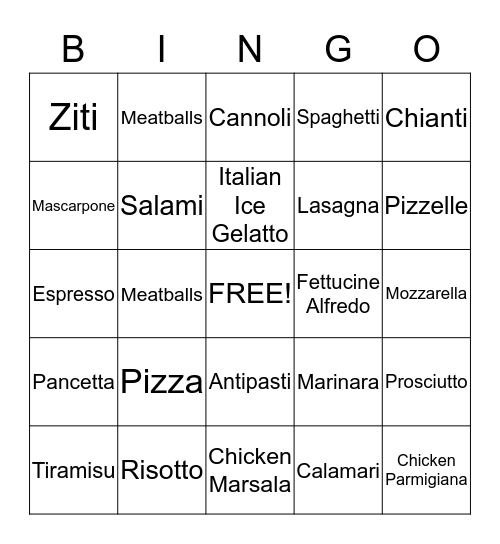 Italian Food  Bingo Card