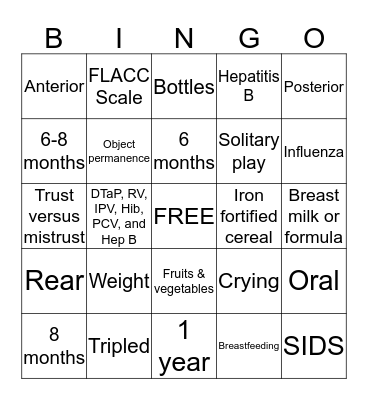 Infant Developmental BINGO Card
