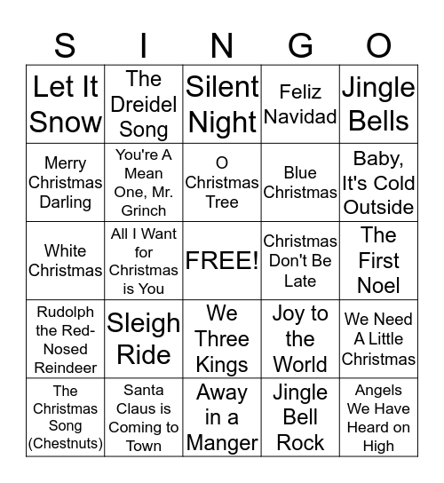 Holiday Singo Bingo Card