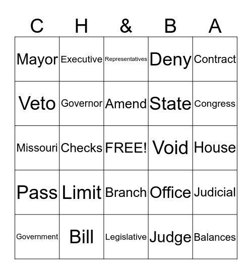 Checks and Balances Bingo Card
