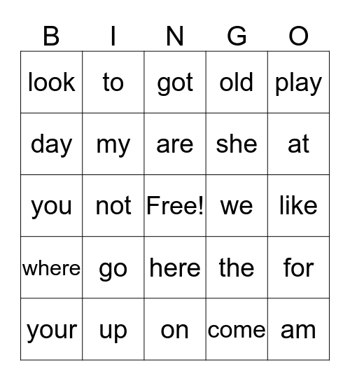 Sight Word Bingo Card