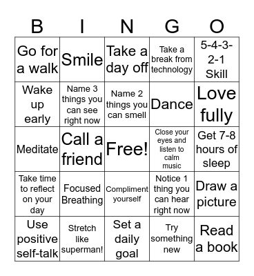 Mindfulness Bingo Card