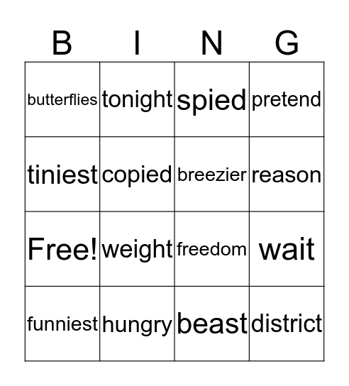 Spelling Bingo Card