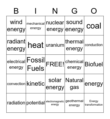 Energy Transformation Bingo Card