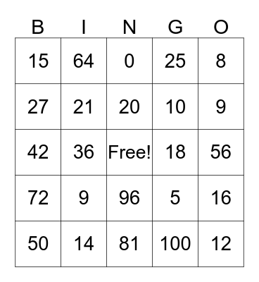 Multiplication Bingo  Bingo Card