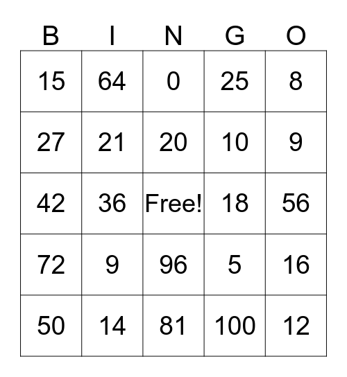 Multiplication Bingo  Bingo Card