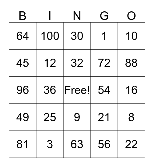 Multiplication Bingo  Bingo Card