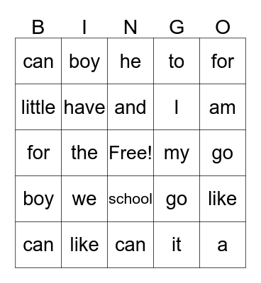 Sight Words Bingo Card