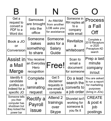 Sales Support December 2019 Bingo Challenge Bingo Card