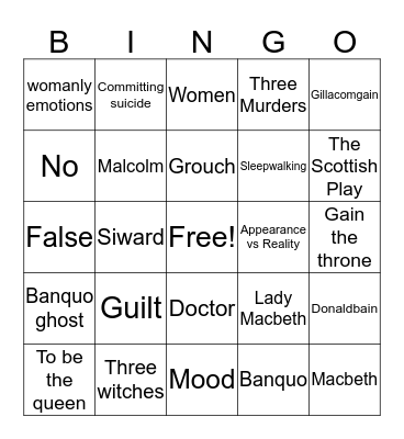 Lady Macbeth Bingo Card