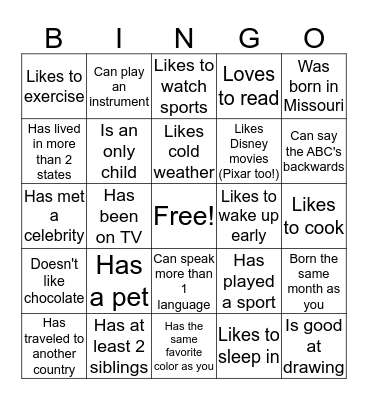 Get to Know You Bingo Card