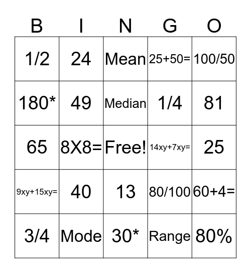 Math Bingo Card