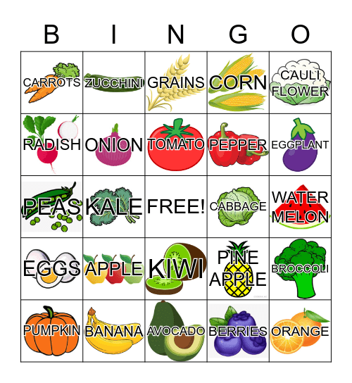 Healthy Eating Bingo Card