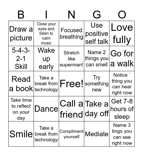 Mindfulness Bingo Card