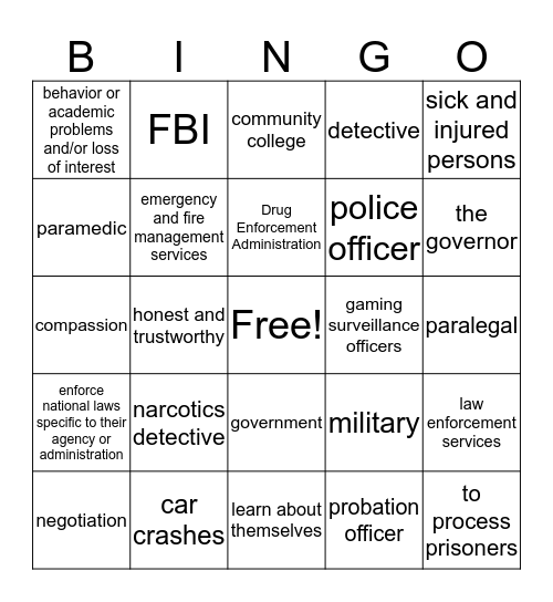 Public Safety Bingo Card