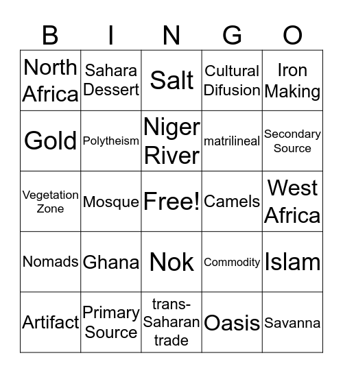 West Afrcia Bingo Card