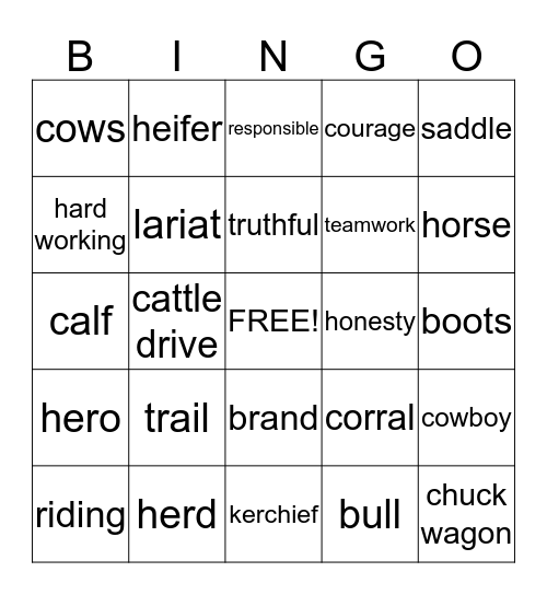 Cowboy BINGO Card