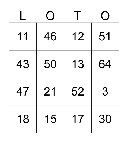 Les nombres 0-69 Bingo Card