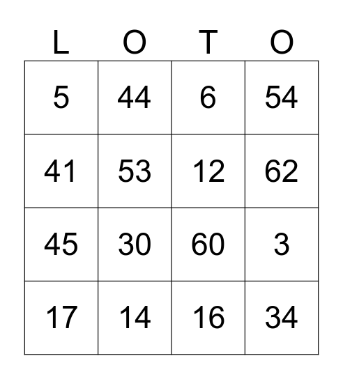 Les nombres (0-69) Bingo Card