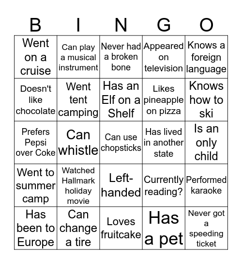 Get to Know You Bingo Card