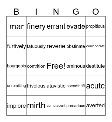 Vocabulary for Midterm Bingo Card