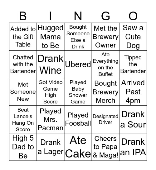 Brewery Baby Shower Bingo Card