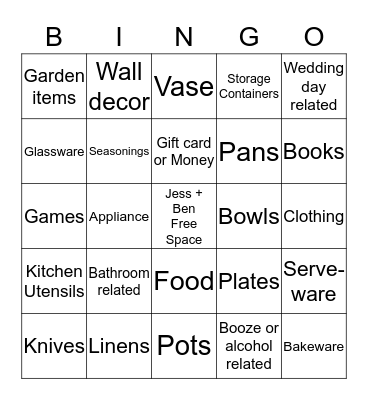 Bridal Bingo Card