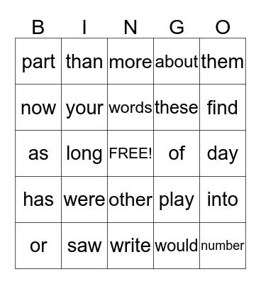 Sightwords Bingo (Sets 10-15) Bingo Card