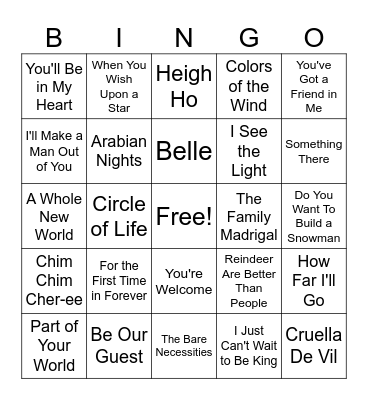 Disney Hits Bingo Card