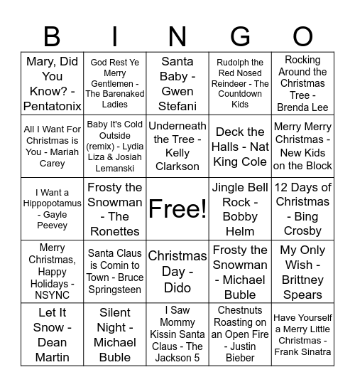 Christmas Tunes Bingo Card